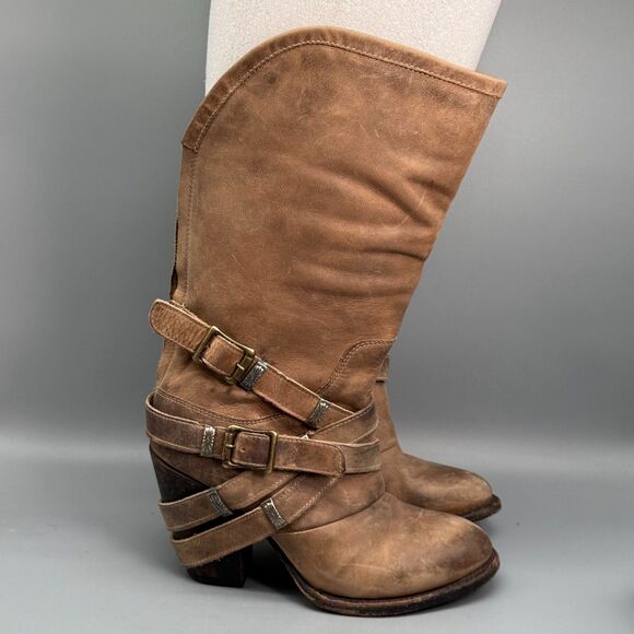 Freebird by Steven Teagan Women's 8 Brown Leather Boots Block Heel Back Zip